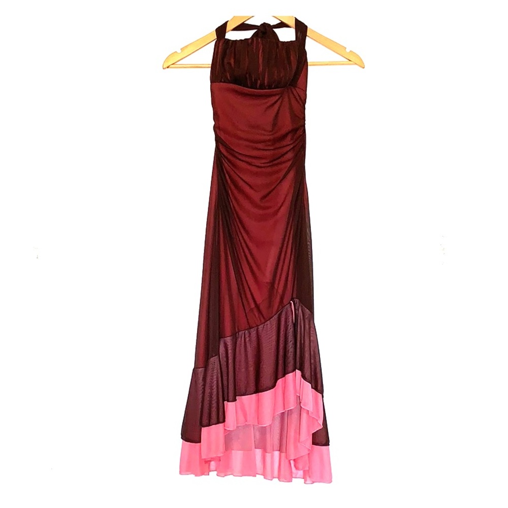 Halter short dress, pink with brown sheer